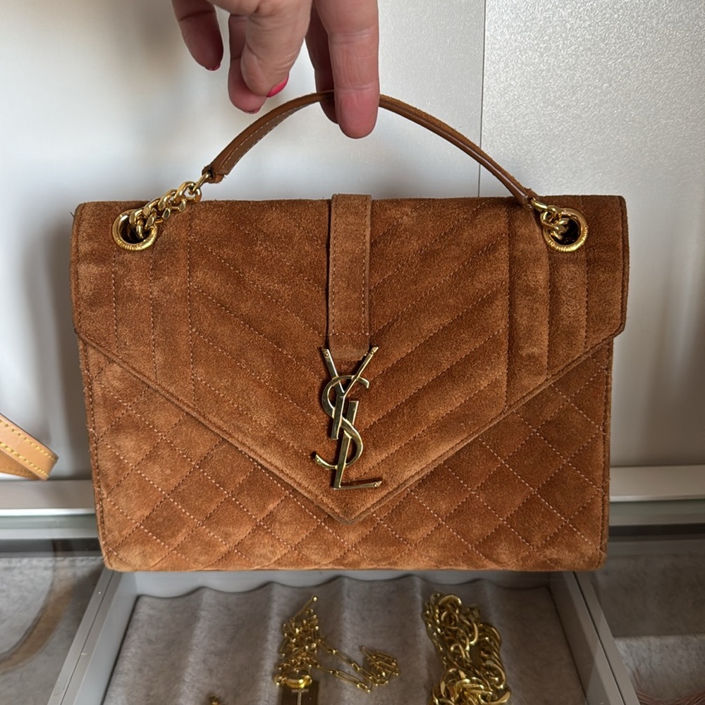 YSL Yves Saint Laurent Brown Suede Quilted Medium Envelope Handbag - Picture 4 of 16